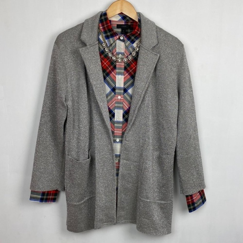 Rare J.Crew S Sophie Open Front Sweater Blazer Silver Metallic